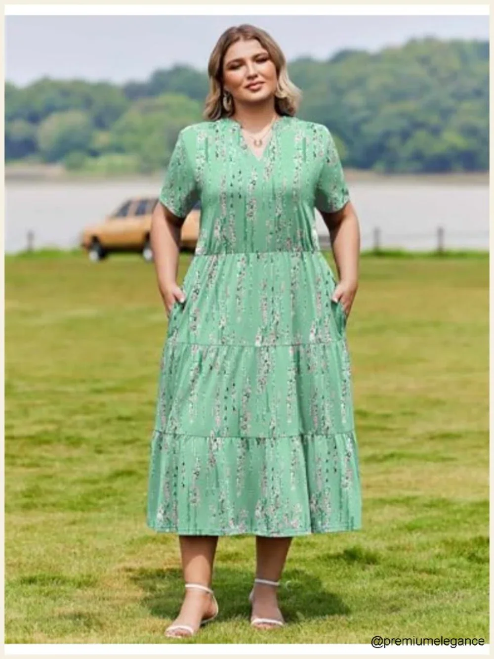 Plus Size Midi Dress V-Neck Short Sleeve A-Line Tiered with Pockets